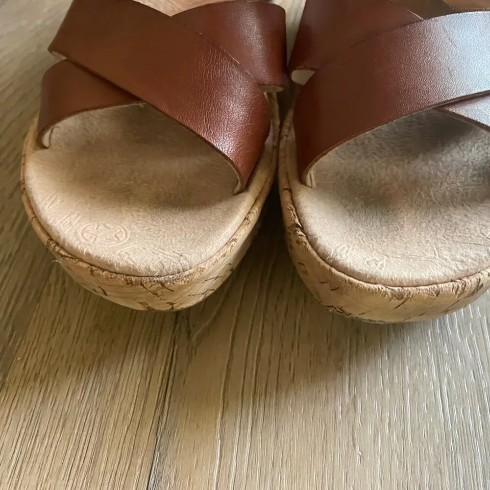 Korks Rosette Cork Wedge Sandals Leather Flower Women's 8 Y2K Summer Brown! - Picture 4 of 8